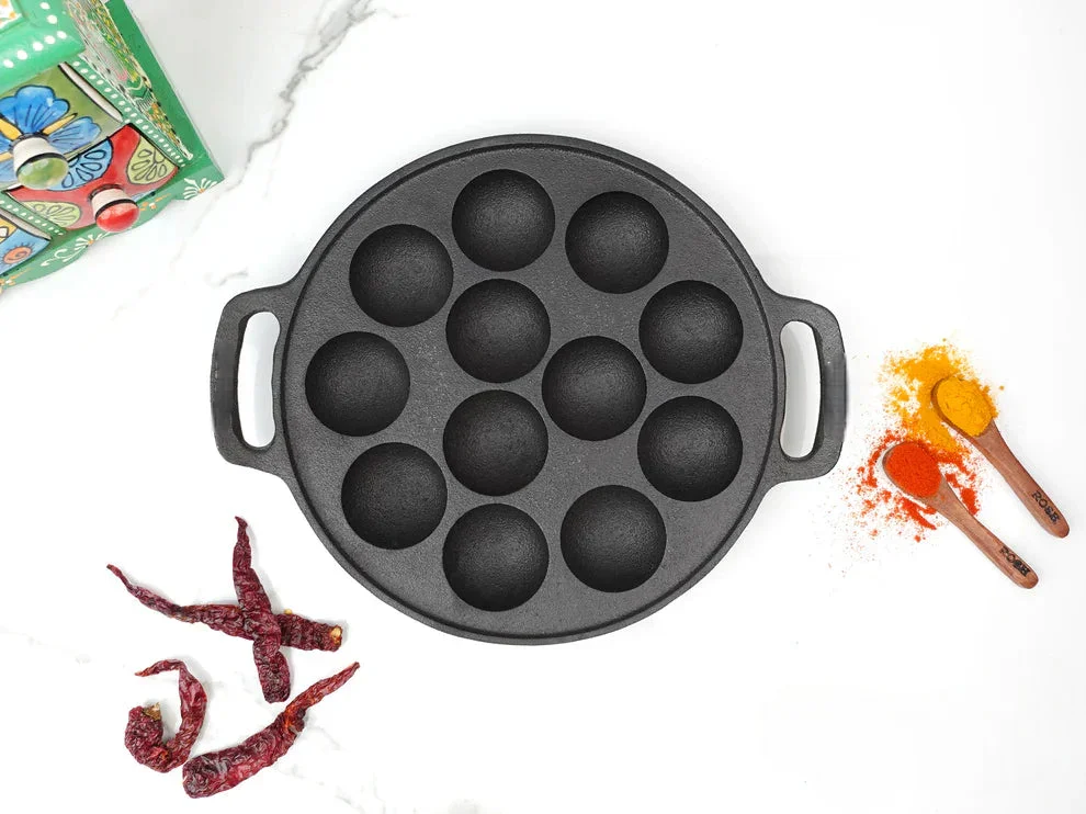 Paniyaram Pan - Cast Iron - Full Flat Base - 12 Pit .
